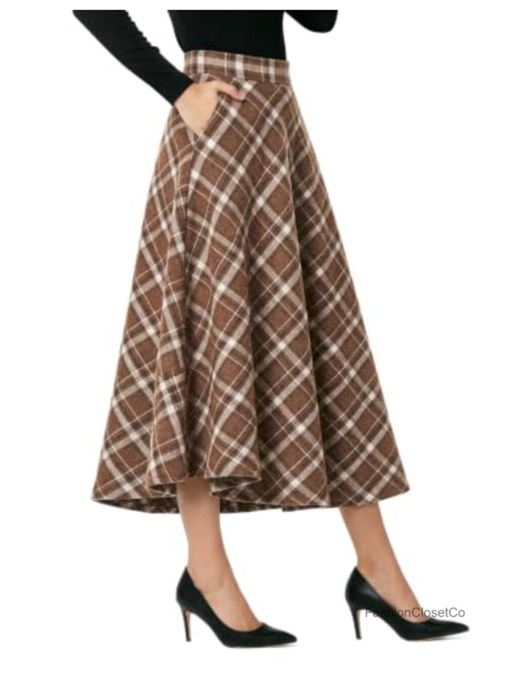 Women's Plaid A-Line Midi Skirt with Pockets High Waisted Tartan Fall Winter